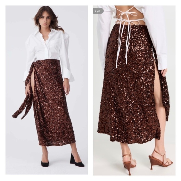 NWT ATOIR Teary Chocolate Brown Sequin Midi Wrap Skirt Small High Slit - Picture 1 of 16
